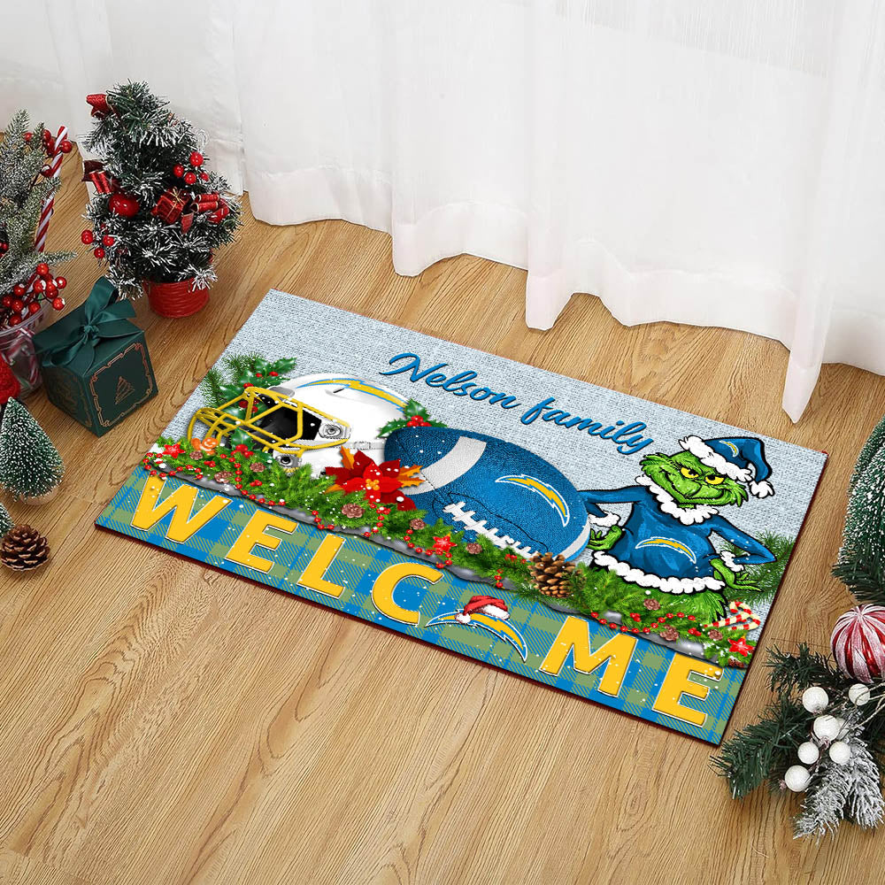 Los Angeles Chargers Football Team Doormat Personalized Your Family Name, Sport And Grinch Doormat, Football Lovers Gifts, Home Decorations ETHY-53152
