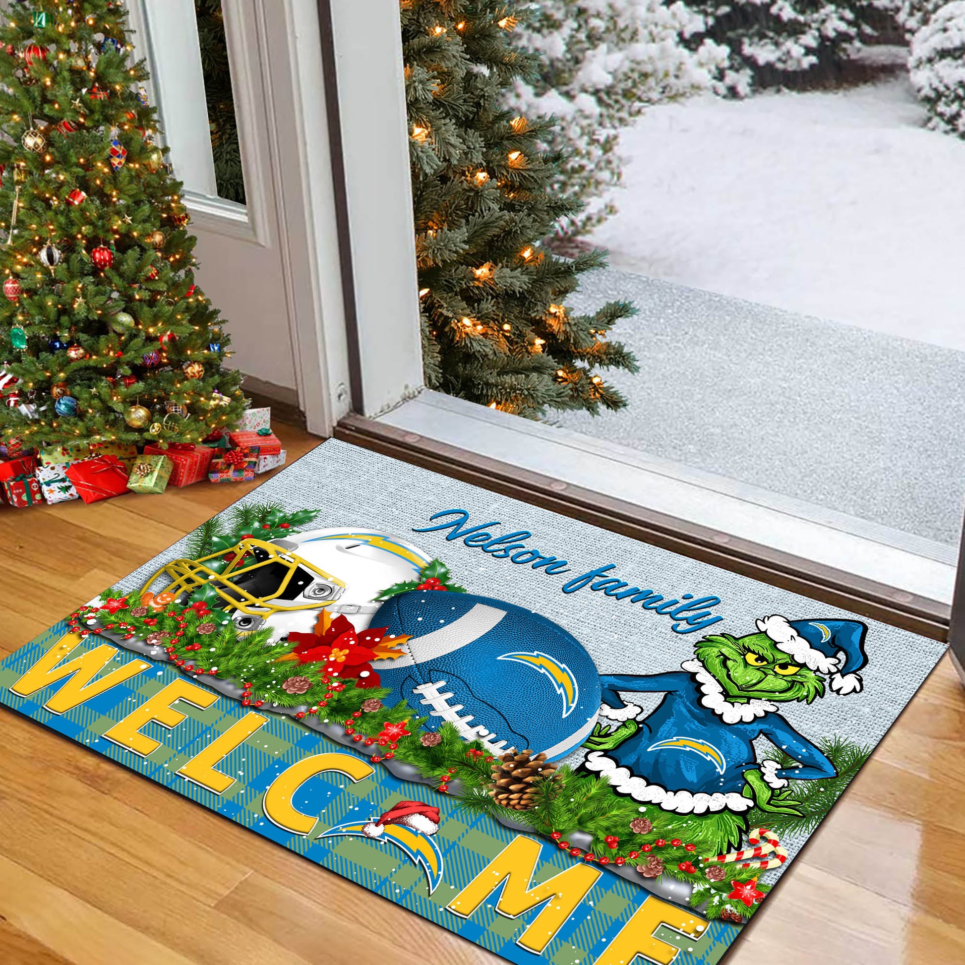 Los Angeles Chargers Football Team Doormat Personalized Your Family Name, Sport And Grinch Doormat, Football Lovers Gifts, Home Decorations ETHY-53152