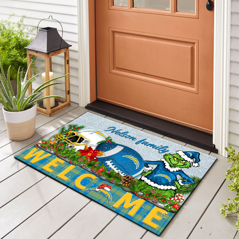 Los Angeles Chargers Football Team Doormat Personalized Your Family Name, Sport And Grinch Doormat, Football Lovers Gifts, Home Decorations ETHY-53152