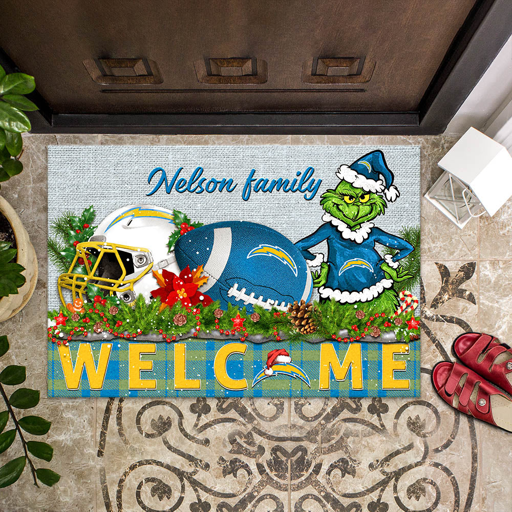 Los Angeles Chargers Football Team Doormat Personalized Your Family Name, Sport And Grinch Doormat, Football Lovers Gifts, Home Decorations ETHY-53152