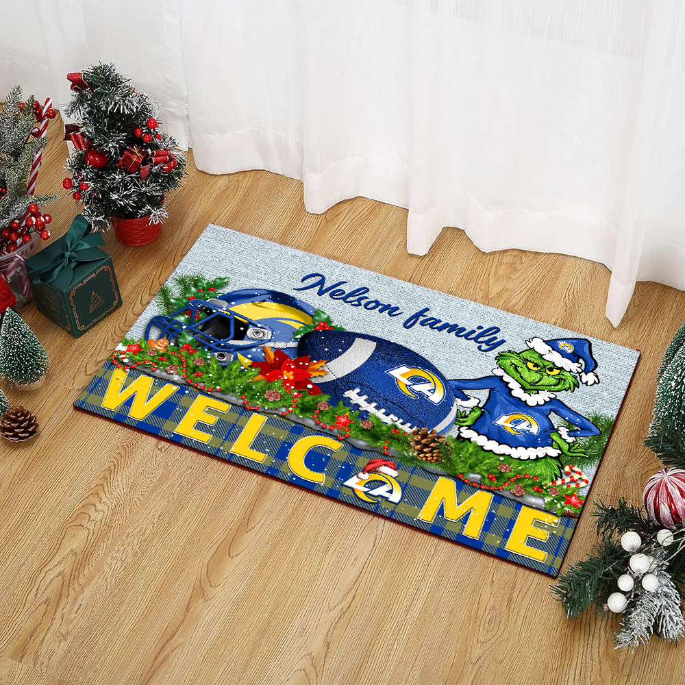 Los Angeles Rams Football Team Doormat Personalized Your Family Name, Sport And Grinch Doormat, Football Lovers Gifts, Home Decorations ETHY-53152