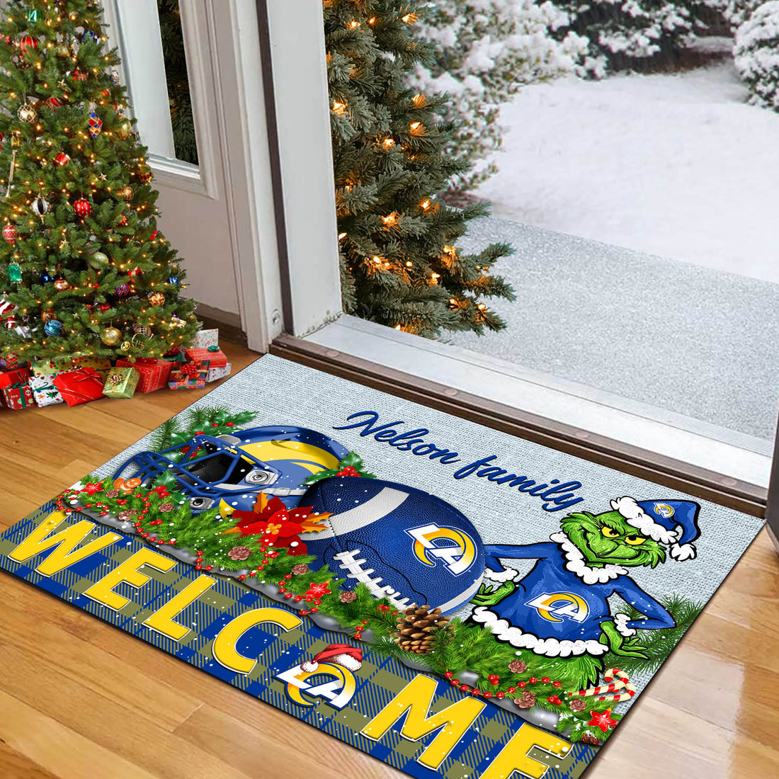 Los Angeles Rams Football Team Doormat Personalized Your Family Name, Sport And Grinch Doormat, Football Lovers Gifts, Home Decorations ETHY-53152