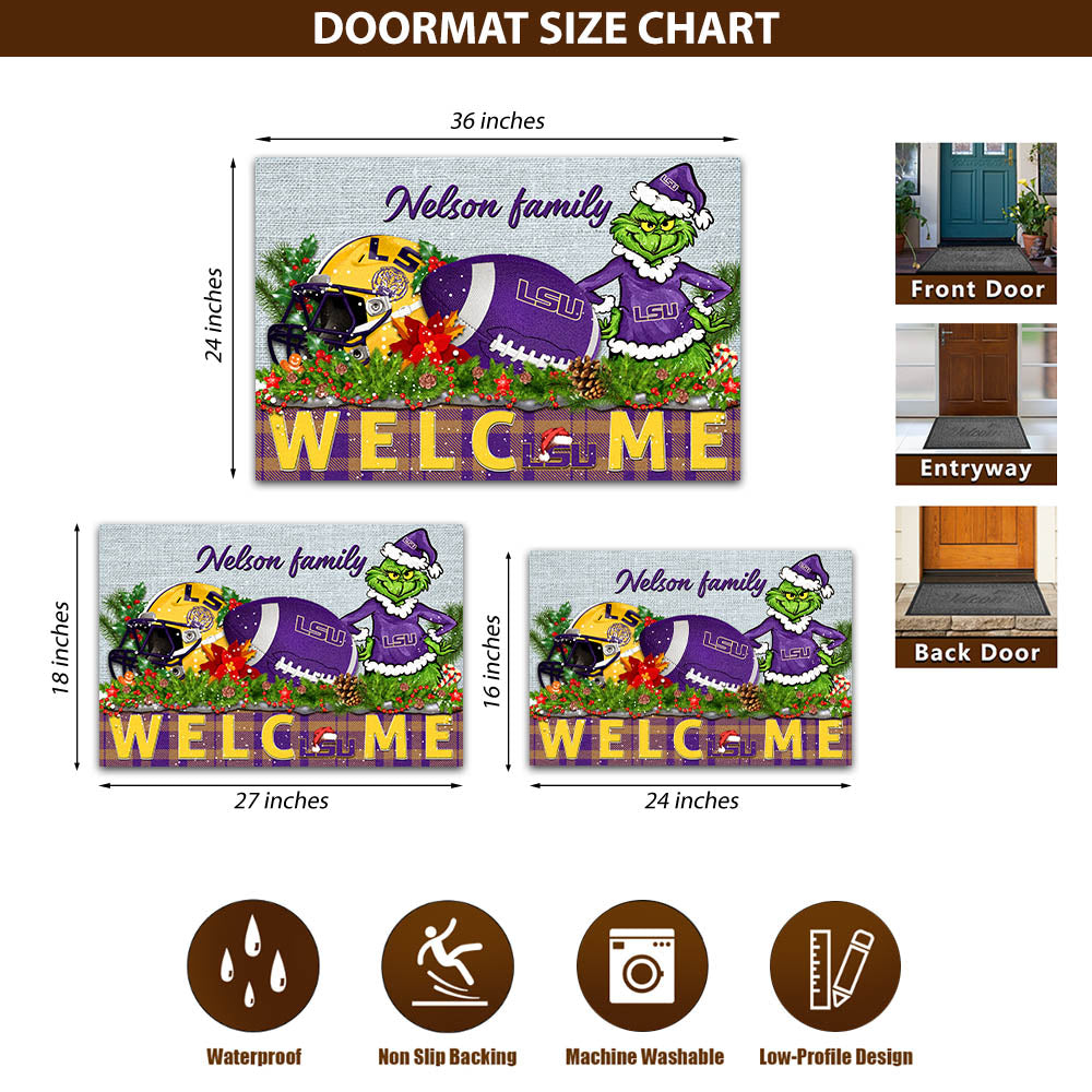LSU TIGERS Football Team Doormat Personalized Your Family Name, Sport And Grinch Doormat, Football Lovers Gifts, Home Decorations ETHY-53152