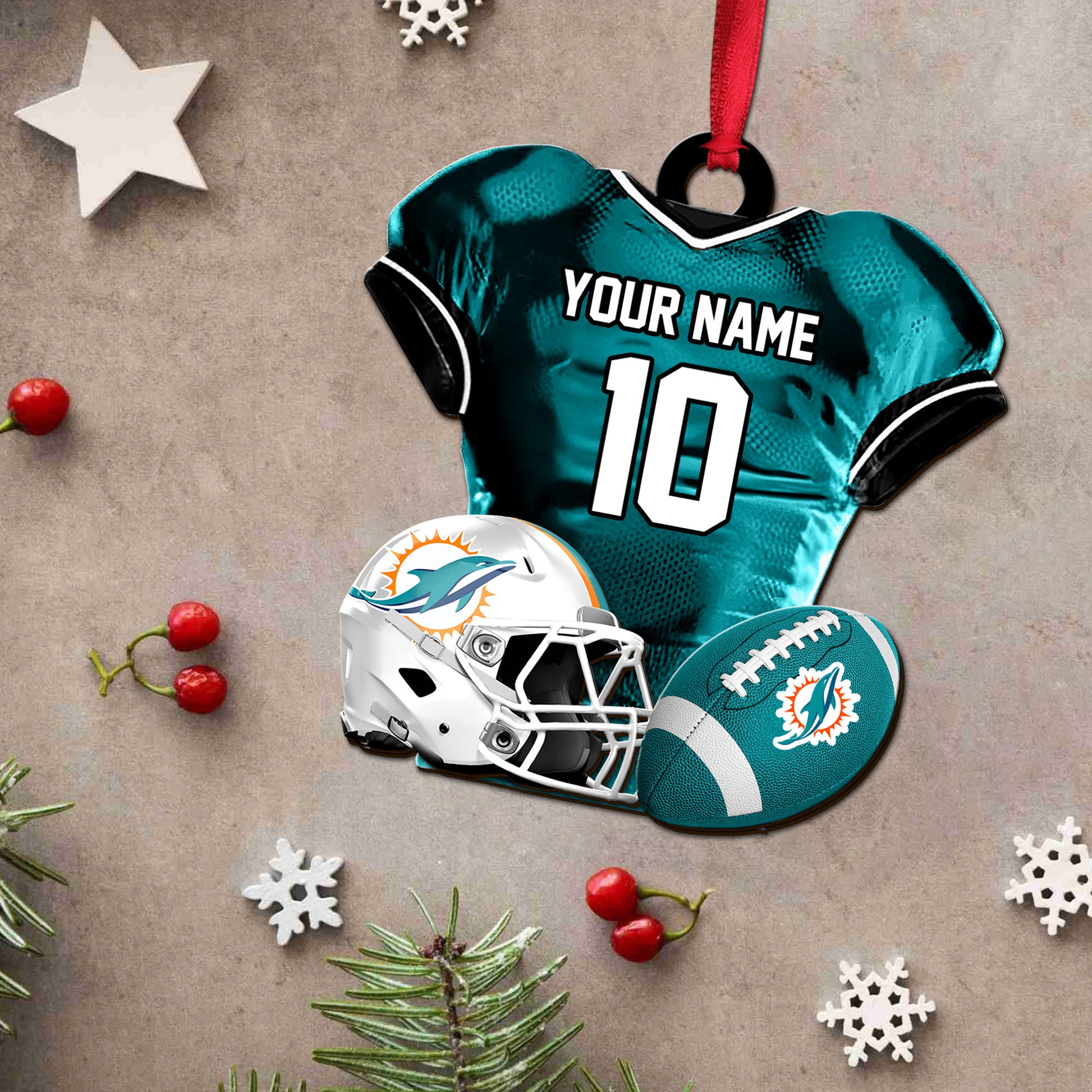 Miami Dolphins 2 Layered Piece Wooden Ornament Custom Name And Number, Sport Team Ornament, Sport Gifts ETRG-52175