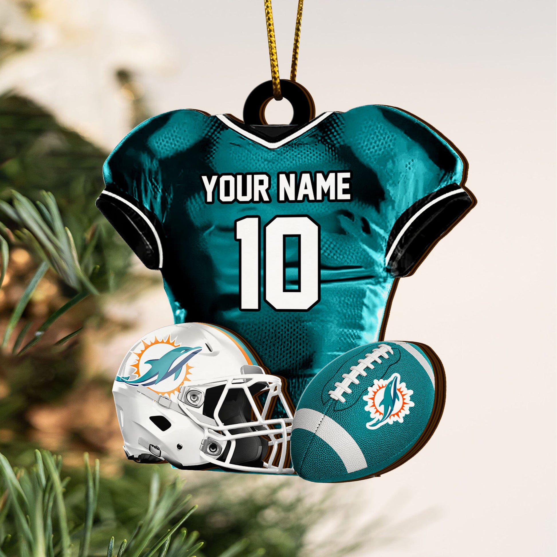 Miami Dolphins 2 Layered Piece Wooden Ornament Custom Name And Number, Sport Team Ornament, Sport Gifts ETRG-52175