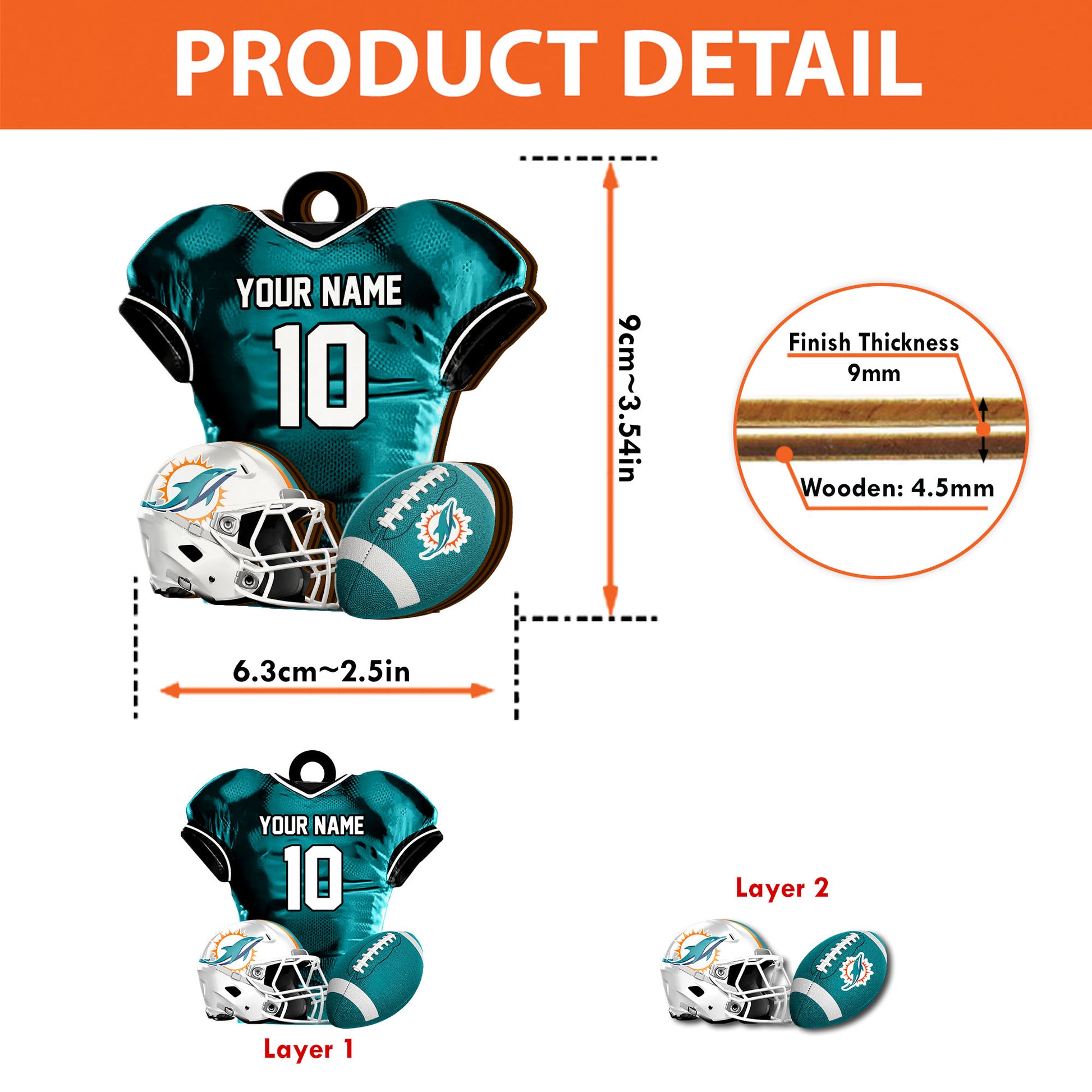 Miami Dolphins 2 Layered Piece Wooden Ornament Custom Name And Number, Sport Team Ornament, Sport Gifts ETRG-52175