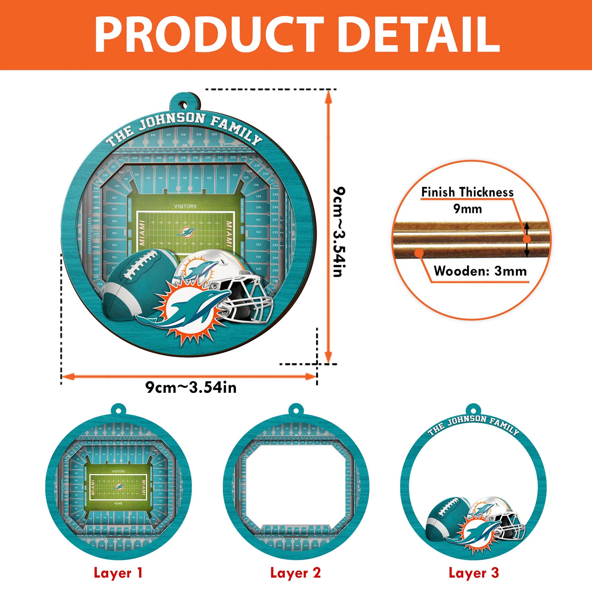 Miami Dolphins  3 Layered Piece Wooden Ornament Custom Your Family Name, Sport Stadium Ornament, Sport Gifts ETRG-52162