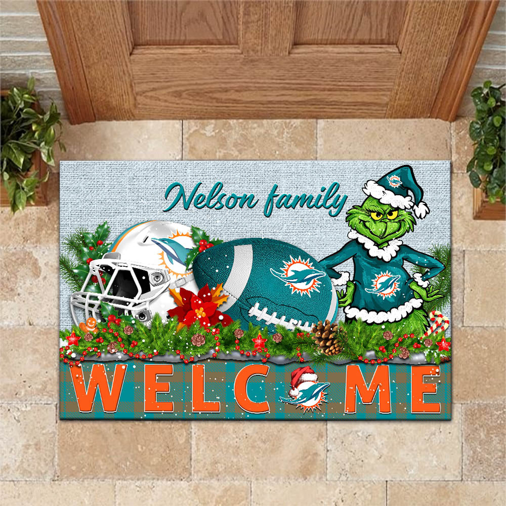 Miami Dolphins Football Team Doormat Personalized Your Family Name, Sport And Grinch Doormat, Football Lovers Gifts, Home Decorations ETHY-53152