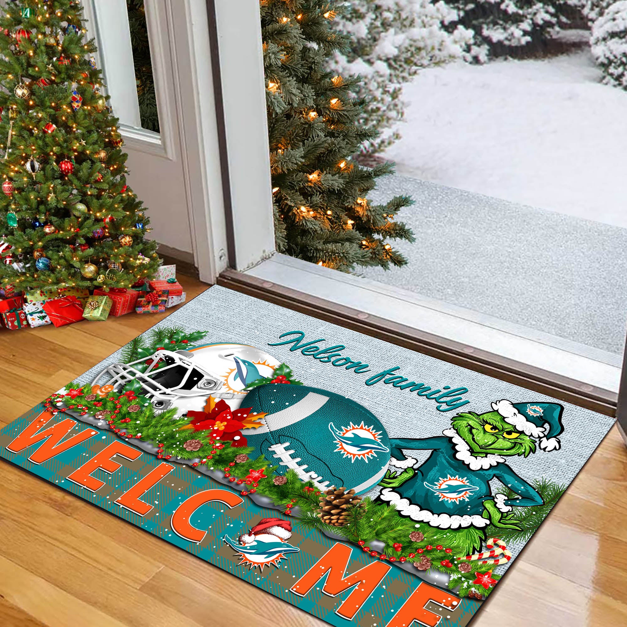 Miami Dolphins Football Team Doormat Personalized Your Family Name, Sport And Grinch Doormat, Football Lovers Gifts, Home Decorations ETHY-53152