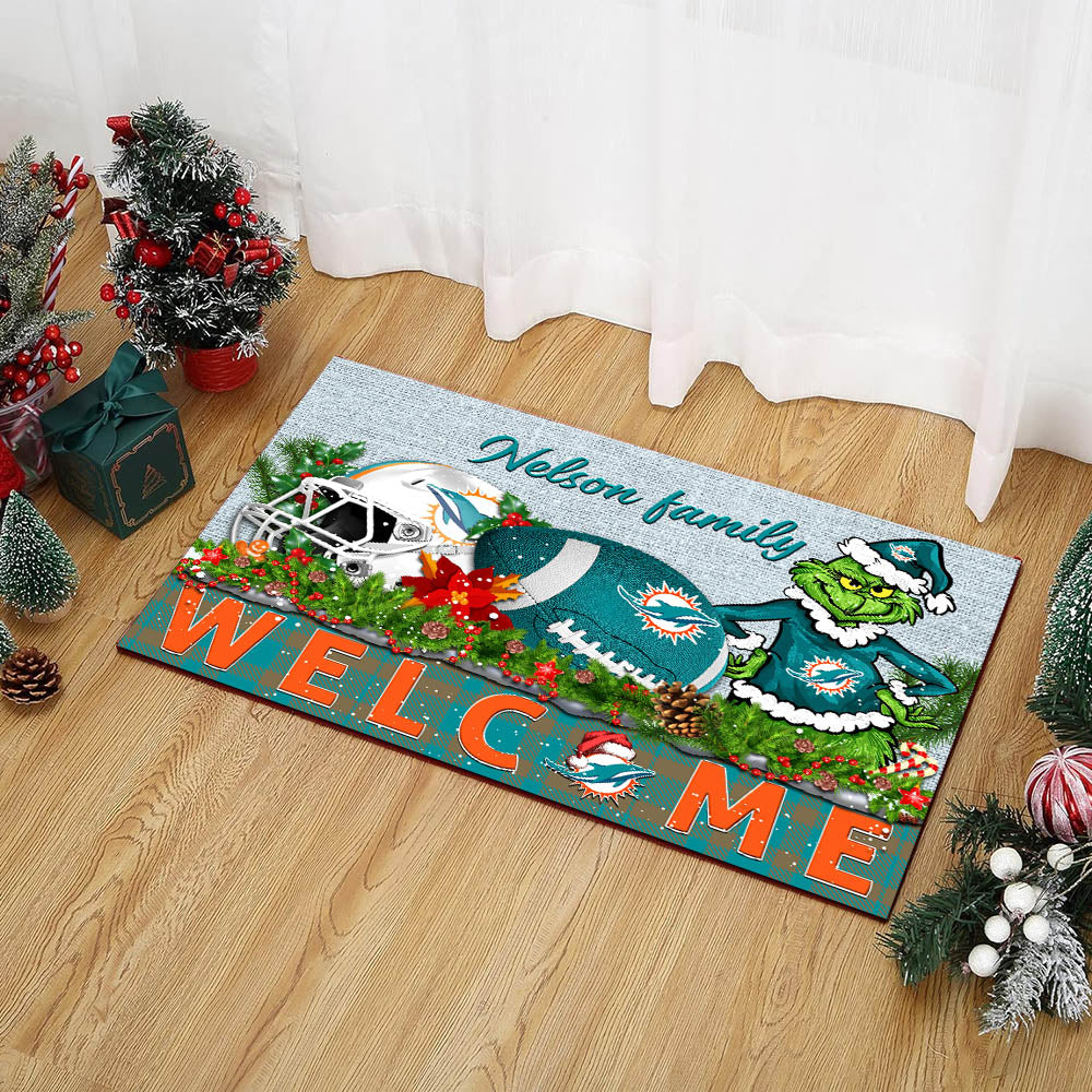 Miami Dolphins Football Team Doormat Personalized Your Family Name, Sport And Grinch Doormat, Football Lovers Gifts, Home Decorations ETHY-53152