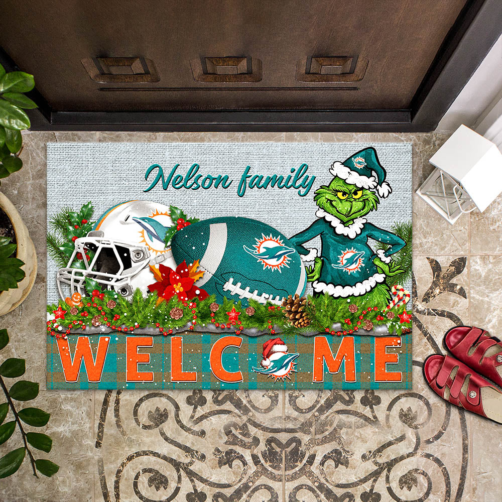 Miami Dolphins Football Team Doormat Personalized Your Family Name, Sport And Grinch Doormat, Football Lovers Gifts, Home Decorations ETHY-53152