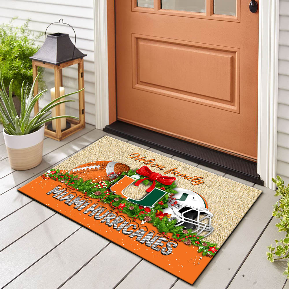 Miami Hurricanes Doormat Personalized Your Name, Sport Team Doormat, Christmas Gifts For Football Fan, Home Decor ETHY-52726