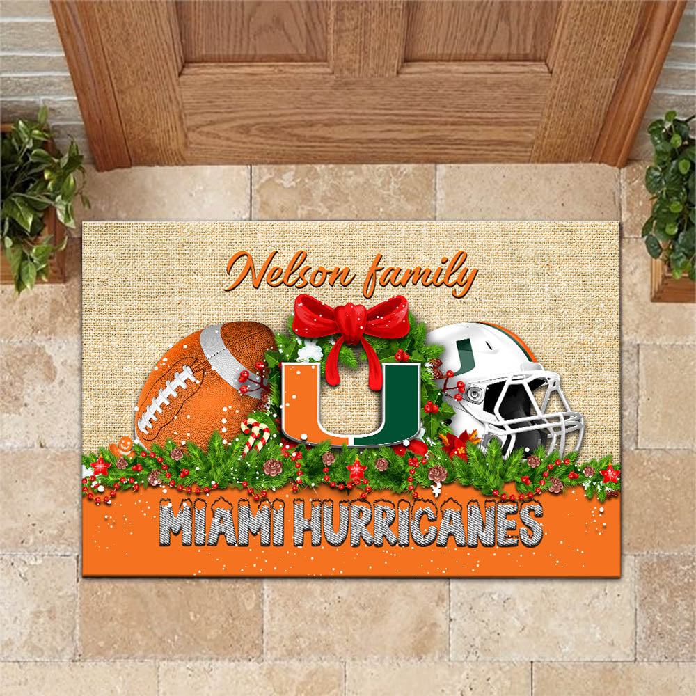 Miami Hurricanes Doormat Personalized Your Name, Sport Team Doormat, Christmas Gifts For Football Fan, Home Decor ETHY-52726