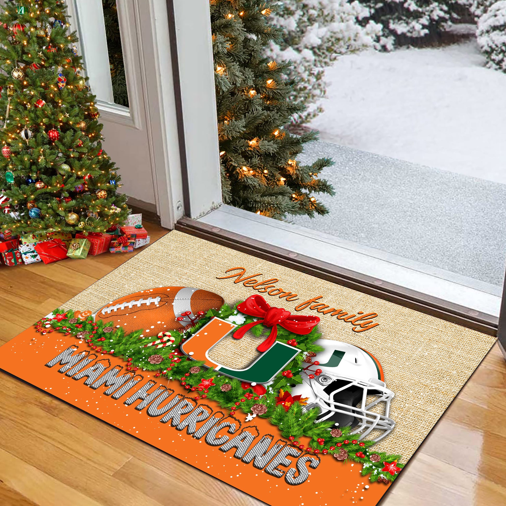 Miami Hurricanes Doormat Personalized Your Name, Sport Team Doormat, Christmas Gifts For Football Fan, Home Decor ETHY-52726
