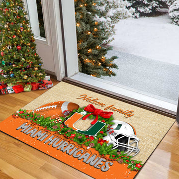 Miami Hurricanes Doormat Personalized Your Name, Sport Team Doormat, Christmas Gifts For Football Fan, Home Decor ETHY-52726