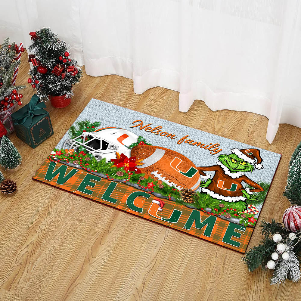 Miami Hurricanes Football Team Doormat Personalized Your Family Name, Sport And Grinch Doormat, Football Lovers Gifts, Home Decorations ETHY-53152