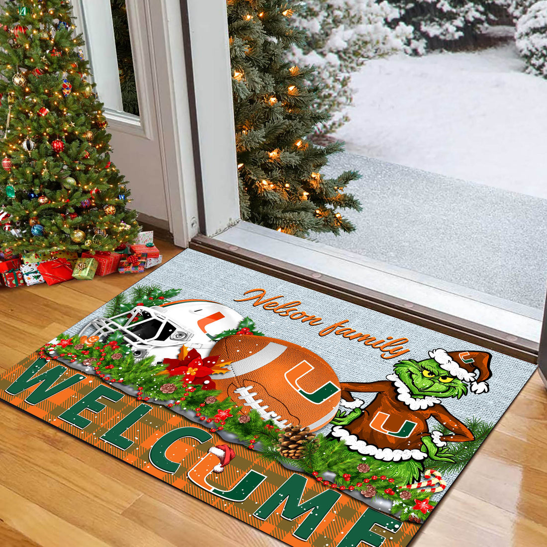 Miami Hurricanes Football Team Doormat Personalized Your Family Name, Sport And Grinch Doormat, Football Lovers Gifts, Home Decorations ETHY-53152
