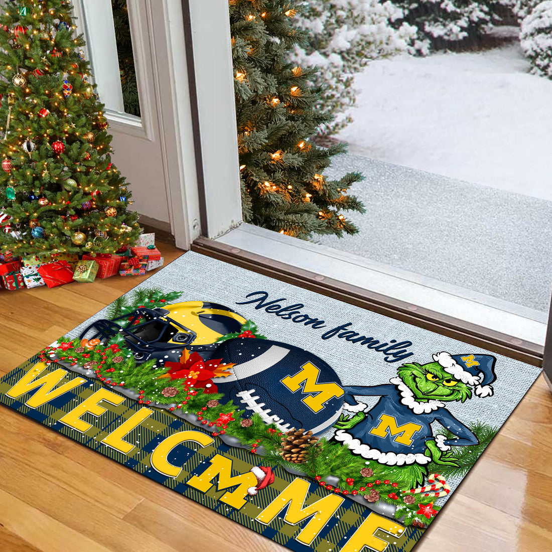 Michigan Wolverines Football Team Doormat Personalized Your Family Name, Sport And Grinch Doormat, Football Lovers Gifts, Home Decorations ETHY-53152