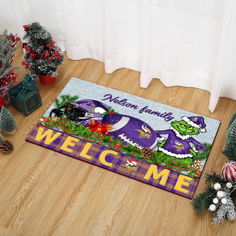 Minnesota Vikings Football Team Doormat Personalized Your Family Name, Sport And Grinch Doormat, Football Lovers Gifts, Home Decorations ETHY-53152