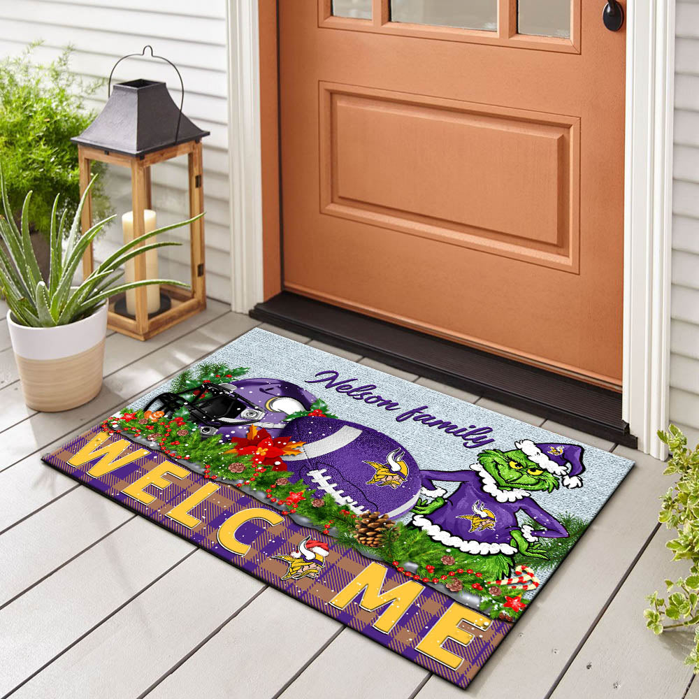 Minnesota Vikings Football Team Doormat Personalized Your Family Name, Sport And Grinch Doormat, Football Lovers Gifts, Home Decorations ETHY-53152
