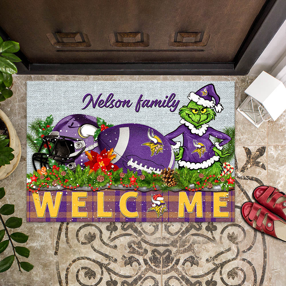 Minnesota Vikings Football Team Doormat Personalized Your Family Name, Sport And Grinch Doormat, Football Lovers Gifts, Home Decorations ETHY-53152
