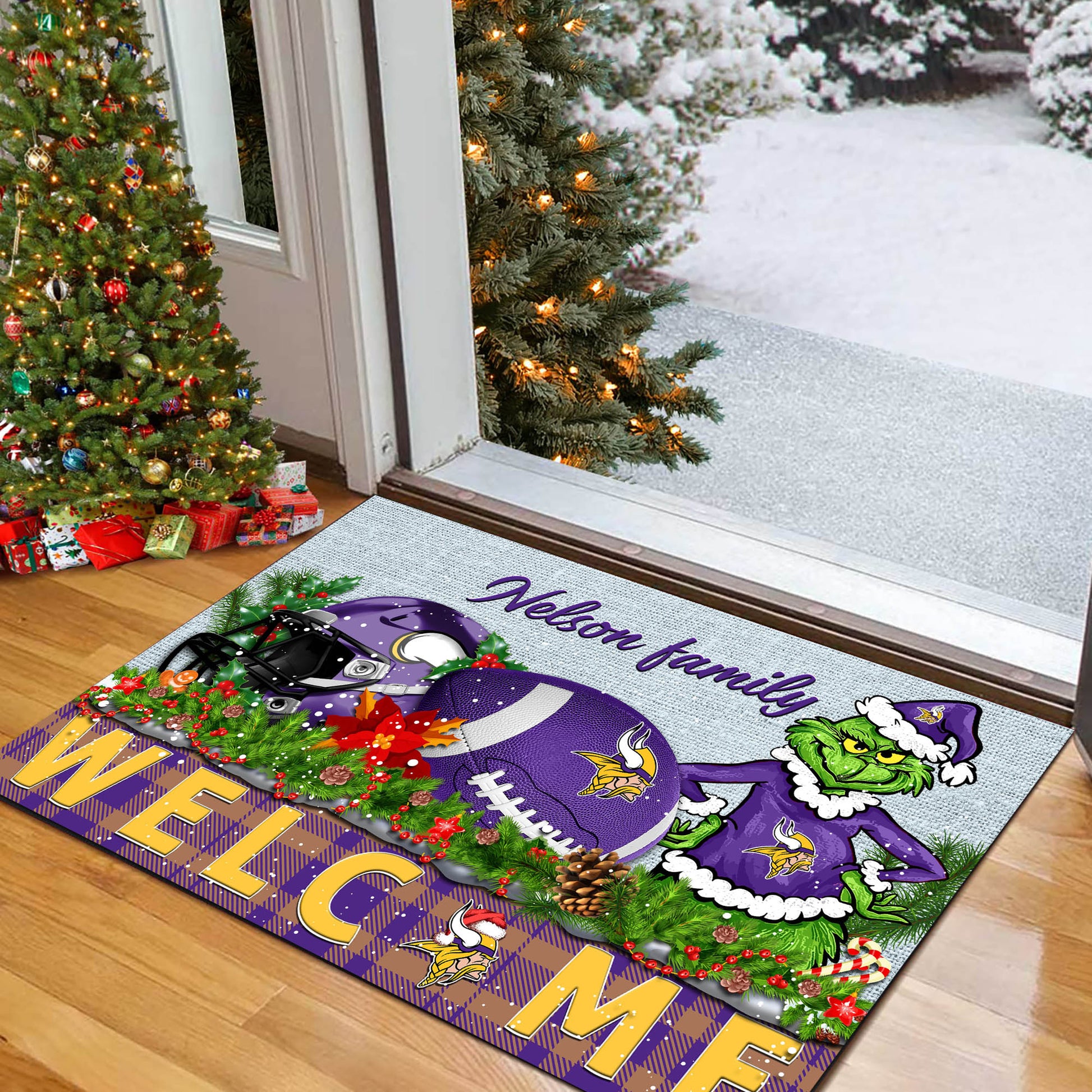 Minnesota Vikings Football Team Doormat Personalized Your Family Name, Sport And Grinch Doormat, Football Lovers Gifts, Home Decorations ETHY-53152