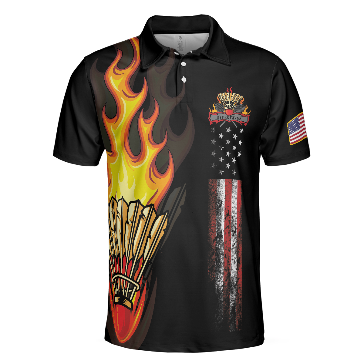 Badminton Flame Short Sleeve Polo Shirt Black Theme American Flag Badminton Polo Shirt Best Badminton Shirt For Men - 3