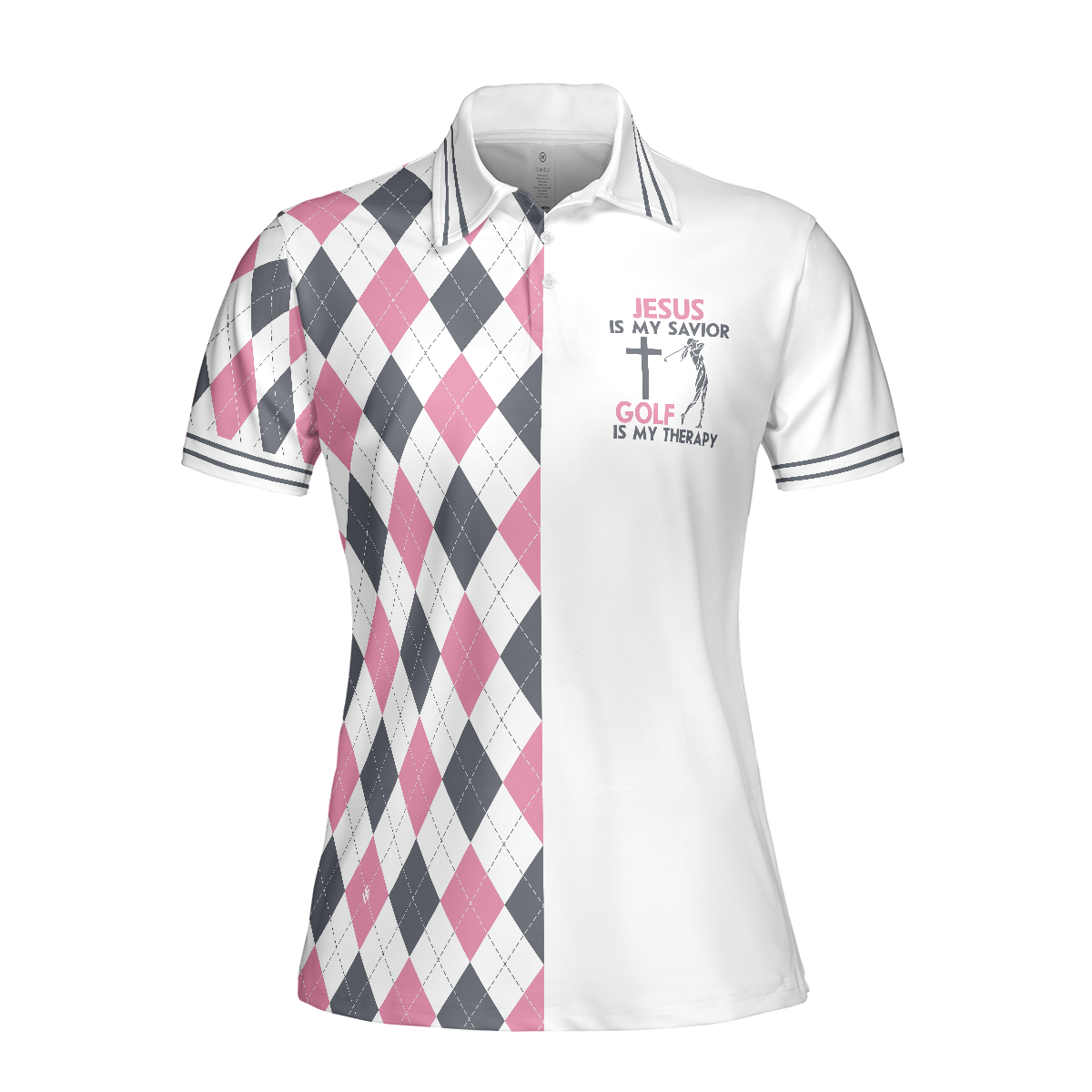 Jesus Is My Savior Golf Is My Therapy Short Sleeve Women Polo Shirt Argyle Pattern Golf Shirt For Ladies - 3