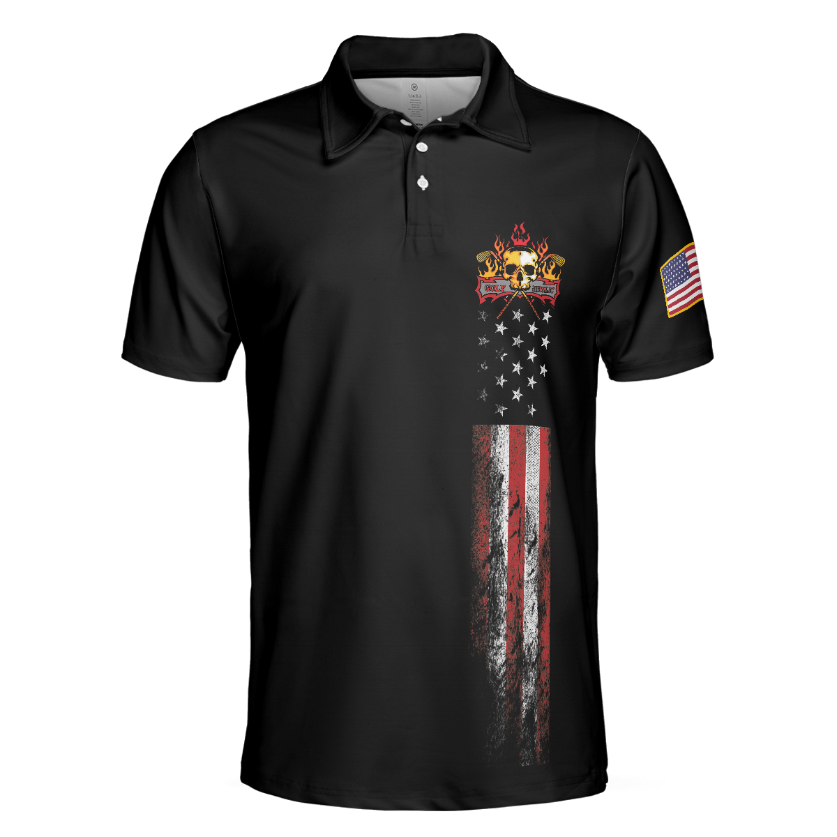 Golf Skull America Flag Short Sleeve Polo Shirt Wet Paint Black Polo Shirt Best Golf Shirt For Men - 3