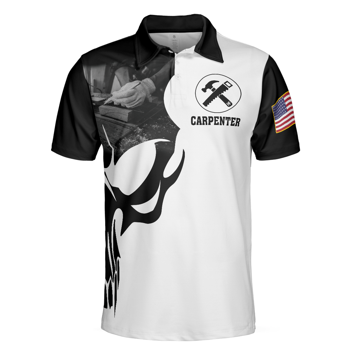 Carpenter Proud Skull Short Sleeve Black And White Polo Shirt American Flag Polo Shirt Best Carpenter Shirt For Men - 3