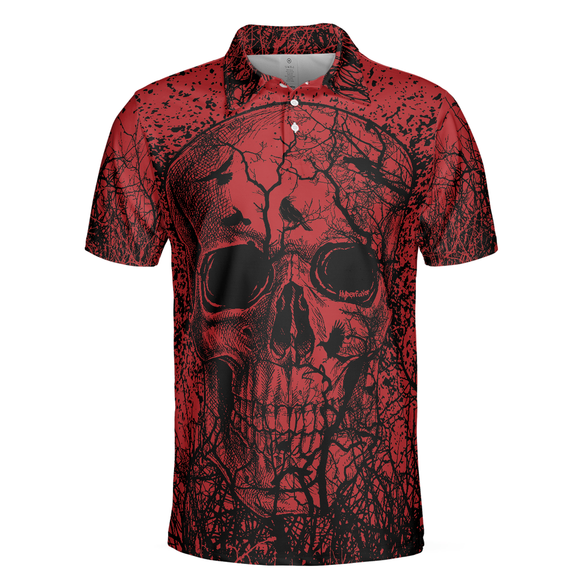 Skull Crow Black And Red Short Sleeve Polo Shirt Dark Forrest Skull Crow Shirt For Men - 3