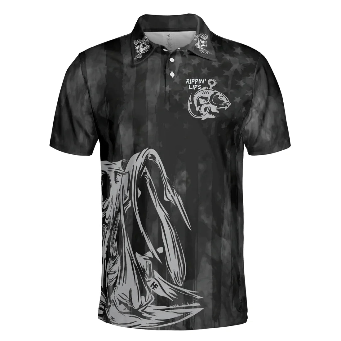 Black Fish Hook Men Polo Shirt, Rippin' Lips Skull Fish Skeleton Fishing Polo Shirt