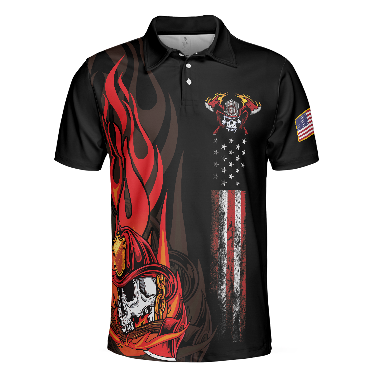 Firefighter Skull Flame Short Sleeve Polo Shirt Black American Flag Firefighter Shirt For Men - 3