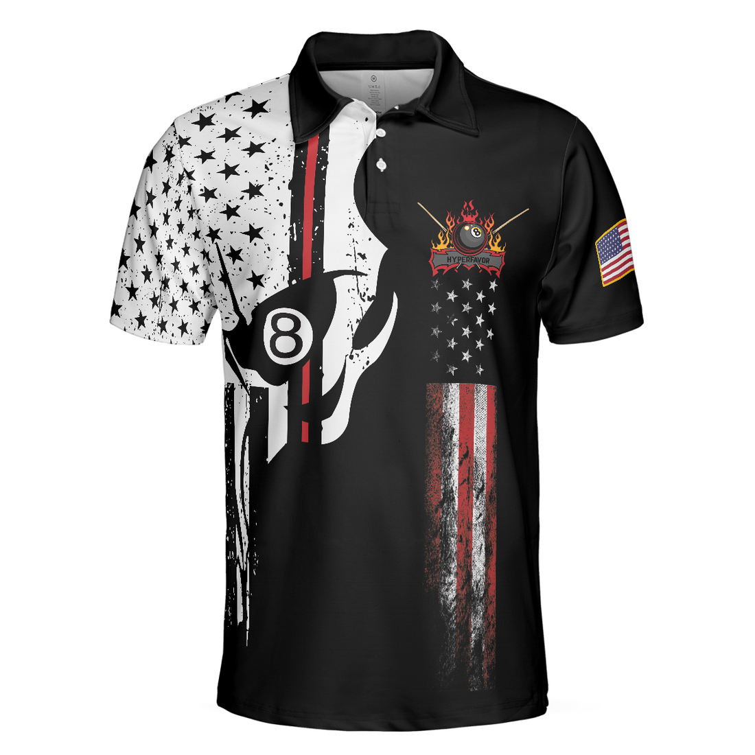 Skull Billiards Pool Polo Shirt Black And White American Flag Polo Shirt Patriotic Billiards Shirt For Men - 1