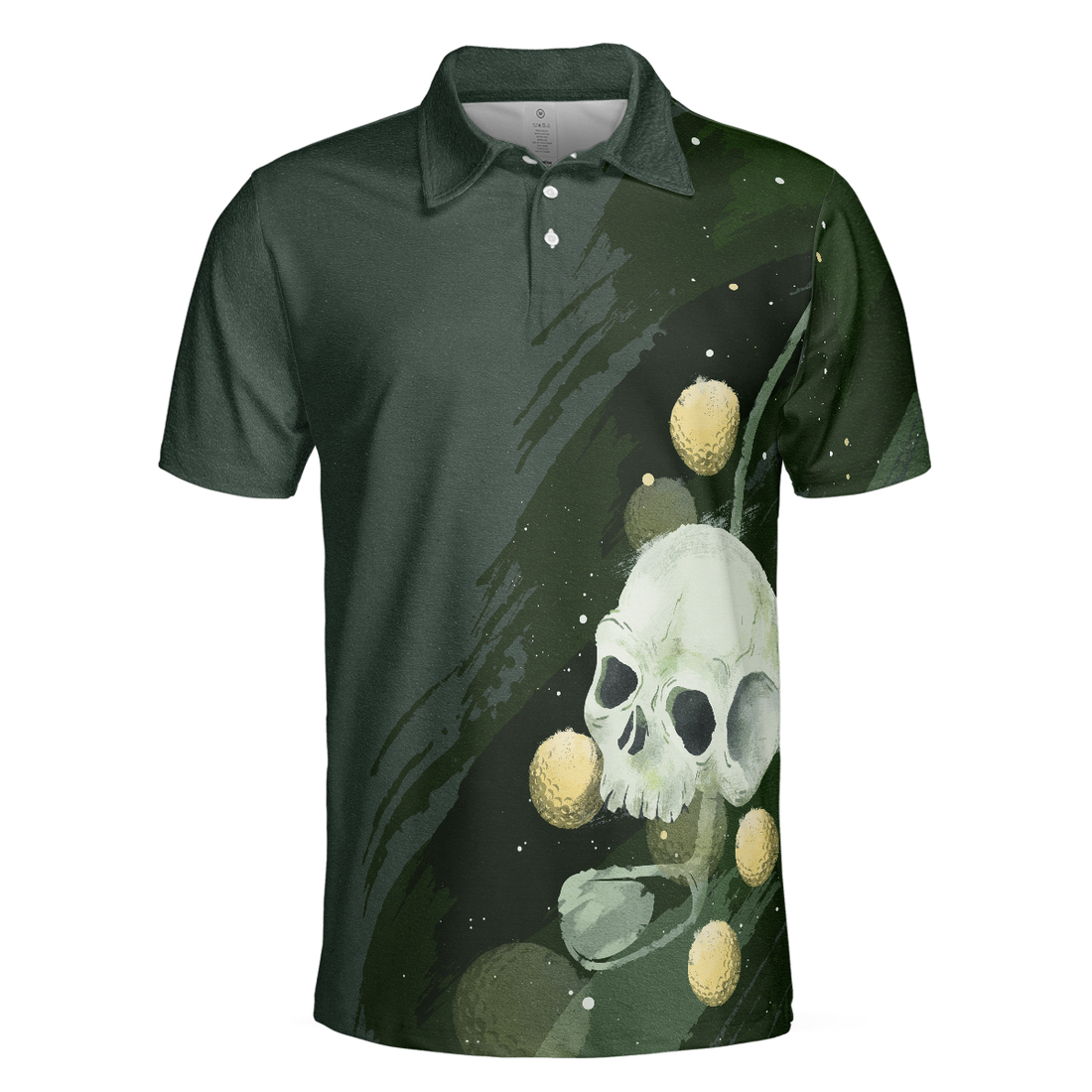 Water Color Golf Skull with Golf Ball Short Sleeve Polo Shirt Dark Green Golf Shirt For Men - 1