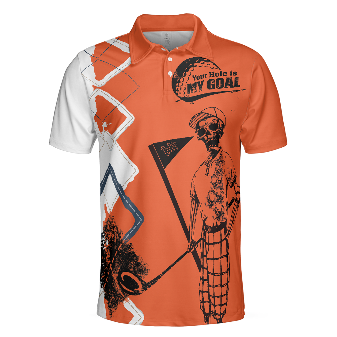 Your Hole Is My Goal Golf Polo Shirt Orange Argyle Pattern Skeleton Golfer Polo Shirt Best Golf Shirt For Men - 1