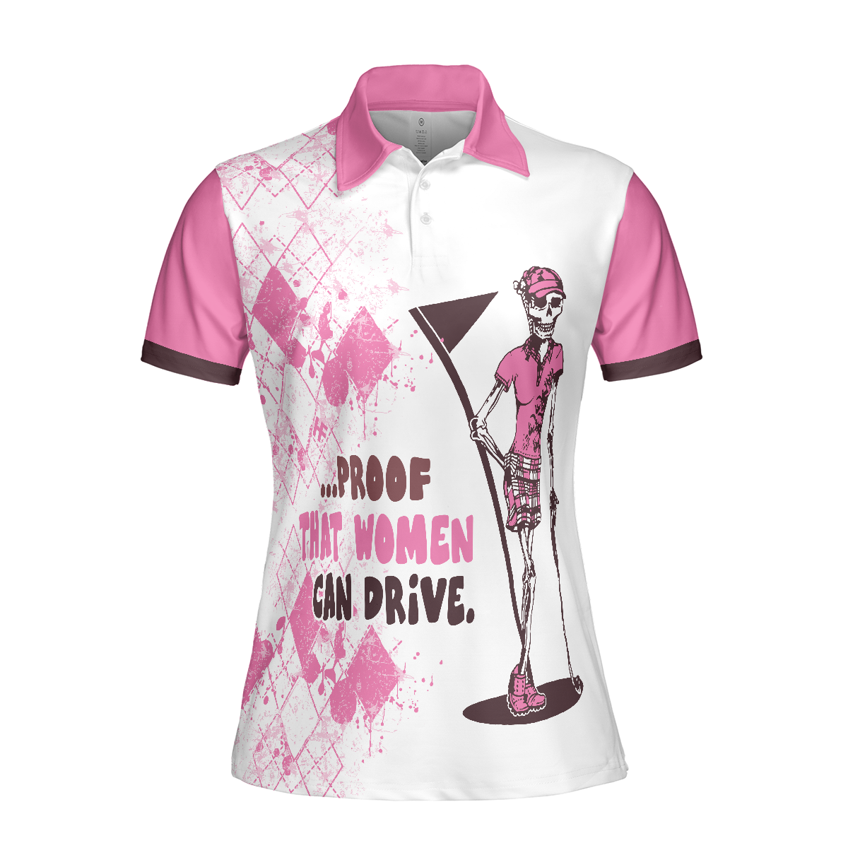 Ladies Mrs Bones Golf Pink Argyle Short Sleeve Women Polo Shirt Proof That Women Can Drive White And Pink Golf Shirt For Ladies - 3