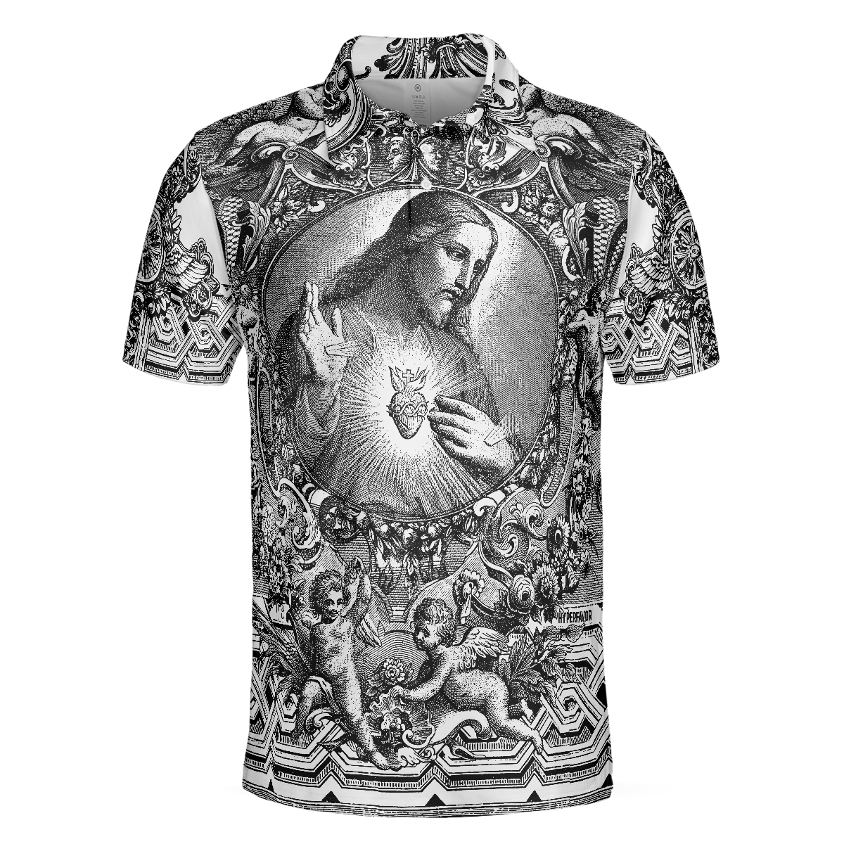 Jesus Christ Vintage Sketch Art Christian Polo Shirt Black And White Christian Shirt For Men - 3