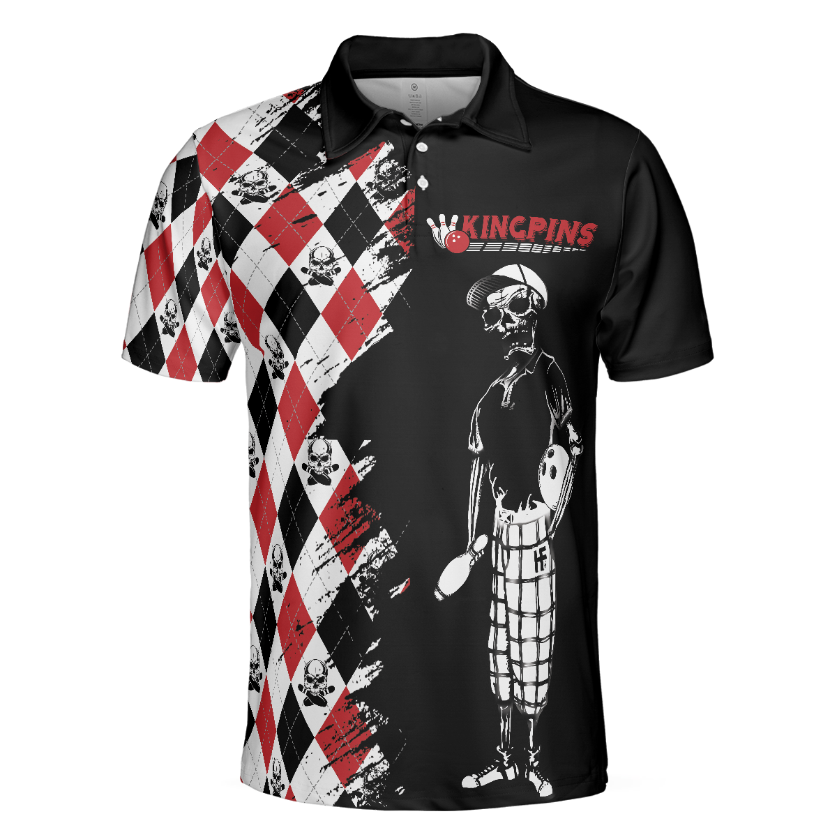 Bowling Red Black White Skull Pattern Short Sleeve Polo Shirt Argyle Pattern Polo Shirt Best Bowling Shirt For Men - 3