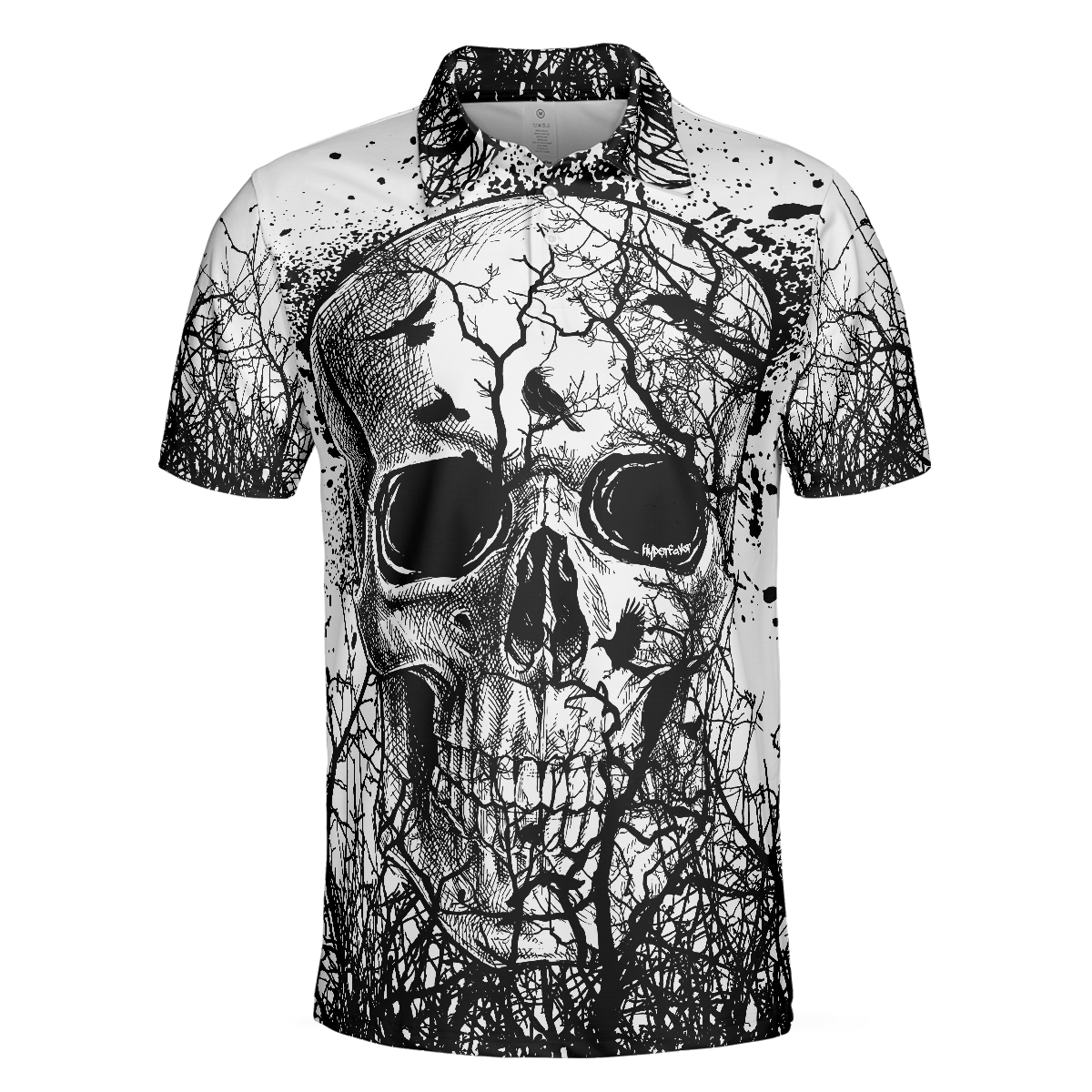 Skull Crow Black And White Short Sleeve Polo Shirt Dark Forrest Skull Crow Shirt For Men - 3