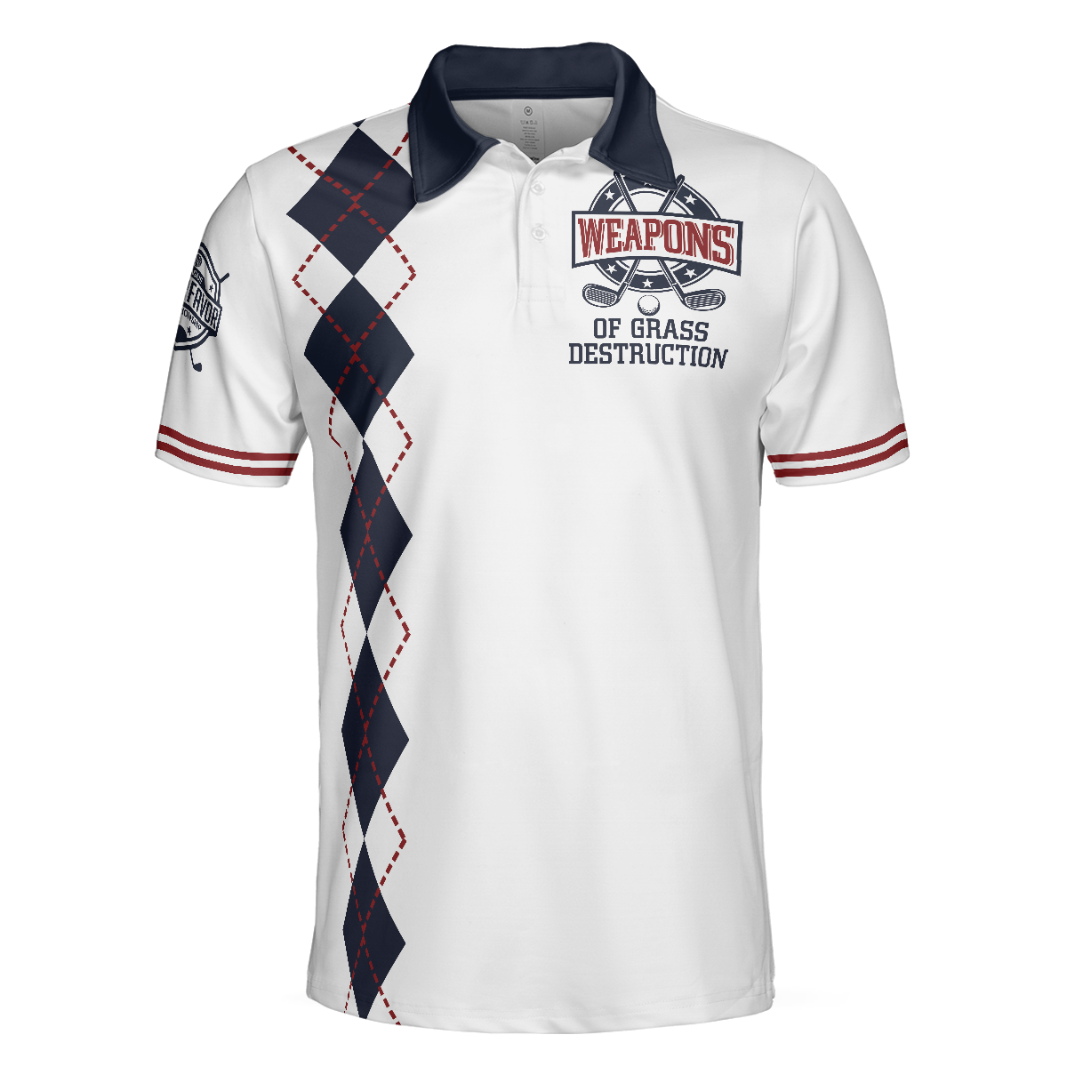 Weapons Of Grass Destruction Short Sleeve Polo Shirt White And Navy Argyle Pattern Polo Shirt Best Golf Shirt For Men - 3