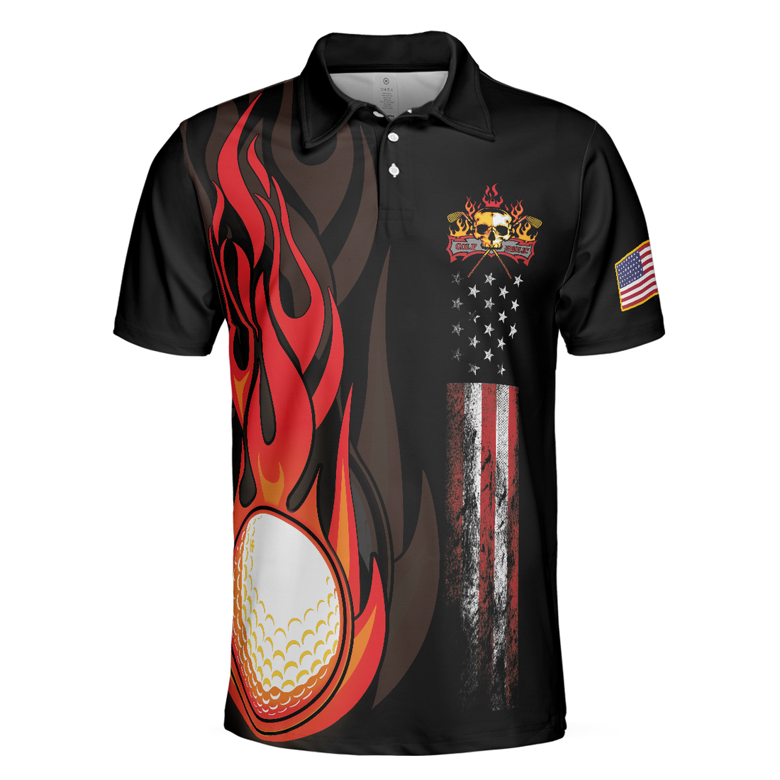 Golf Flame Skull Short Sleeve Golf Polo Shirt Black American Flag Golf Shirt For Men Cool Gift For Golfers - 1