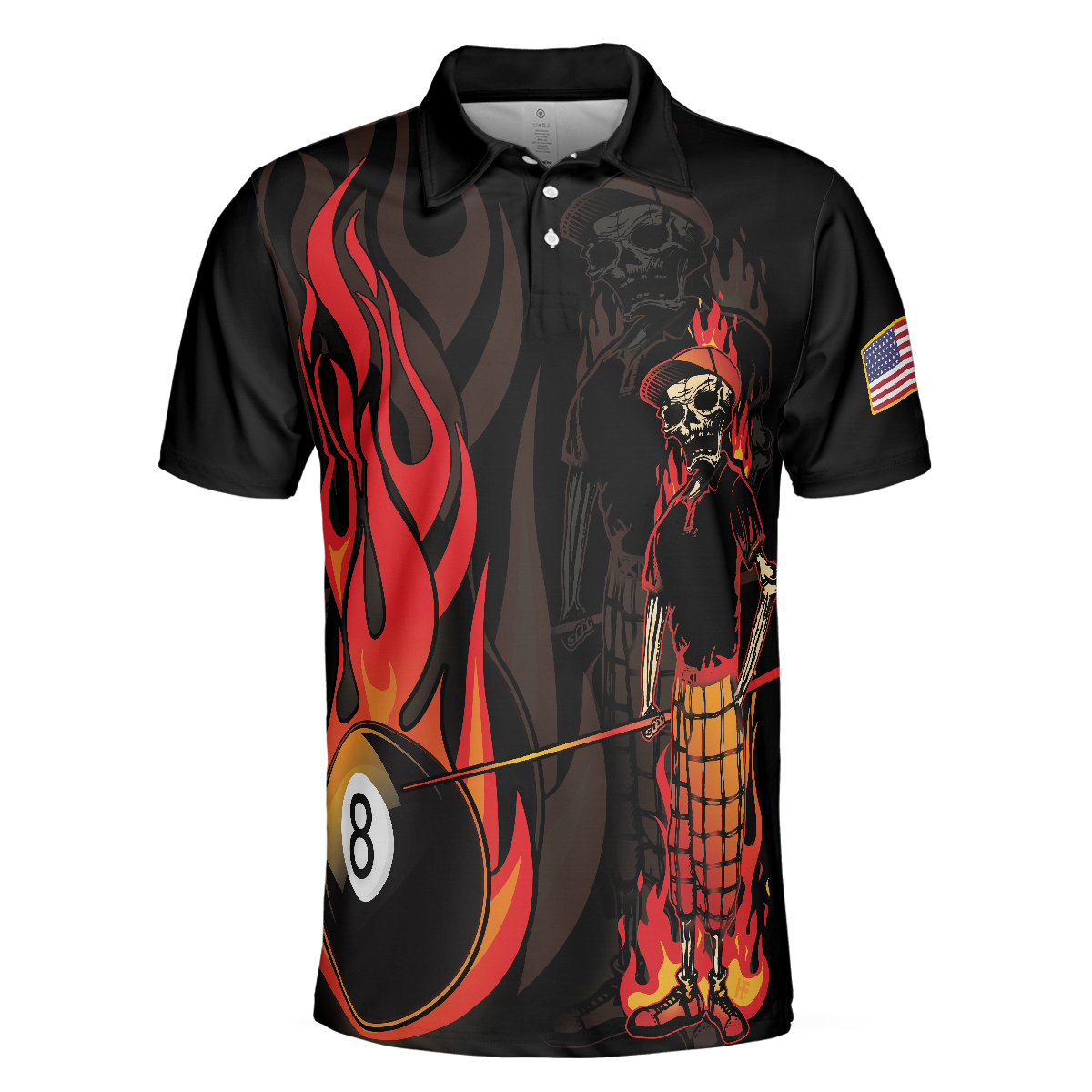 Mr Bones 8 Ball American Flag Billiards Skull Short Sleeve Polo Shirt Cool Skeleton Billiards Shirt For Men - 3