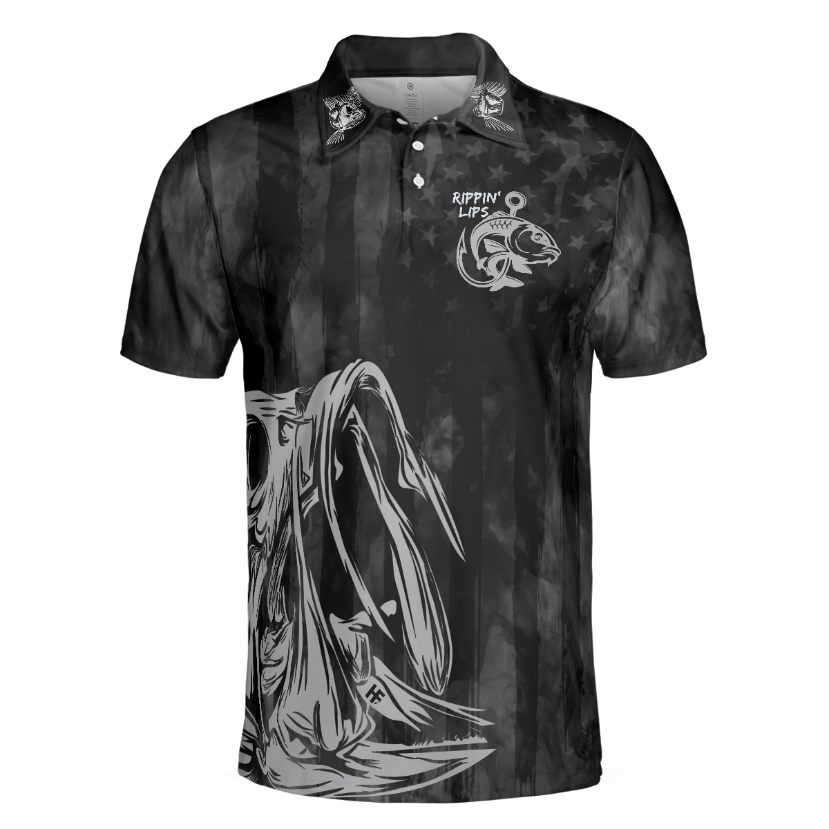 Rippin Lips Skull Fish Skeleton Fishing Polo Shirt Black Fish Hook Polo Shirt Best Fishing Shirt For Men - 3