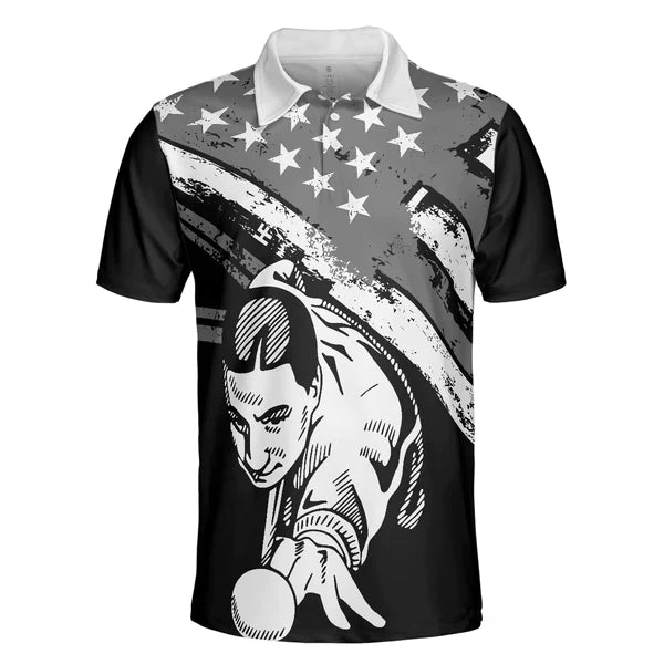 Aim Shoot Swear Repeat Billiards Polo Shirt, Best American Flag Pattern Billiards Shirt Design For Male