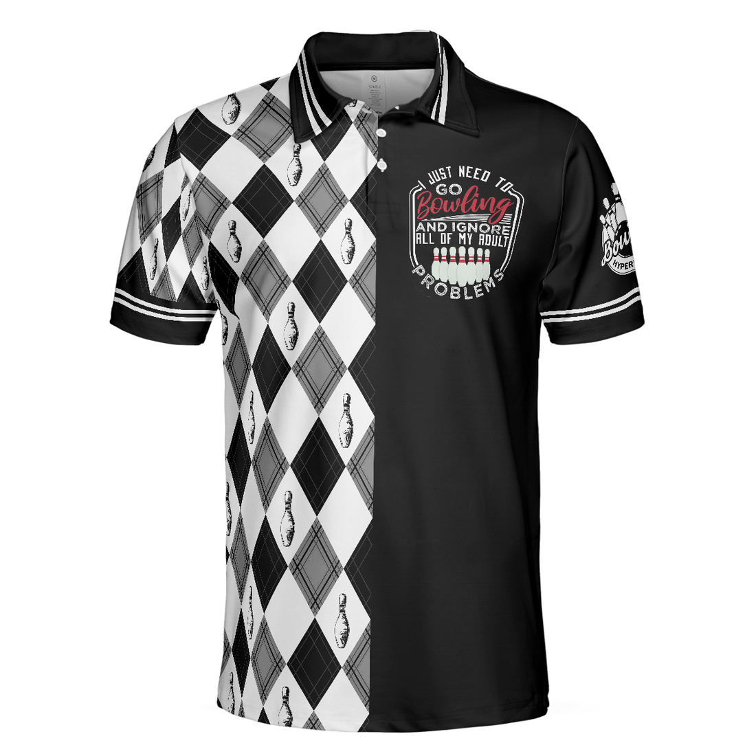 I Just Need To Go Bowling Polo Shirt Black And White Argyle Pattern Polo Shirt Best Bowling Shirt For Men - 1