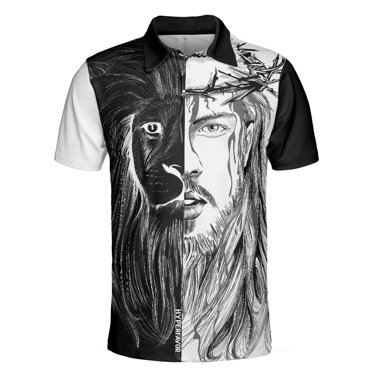 Jesus Christ Lion Contrast Art Christian Polo Shirt Black And White Christian Shirt For Men - 3