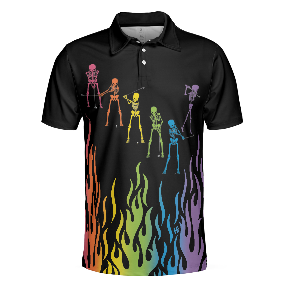 Skeleton Playing Golf Polo Shirt Rainbow Pallette Fire Golfing Polo Shirt Cool Golf Shirt For Men - 3