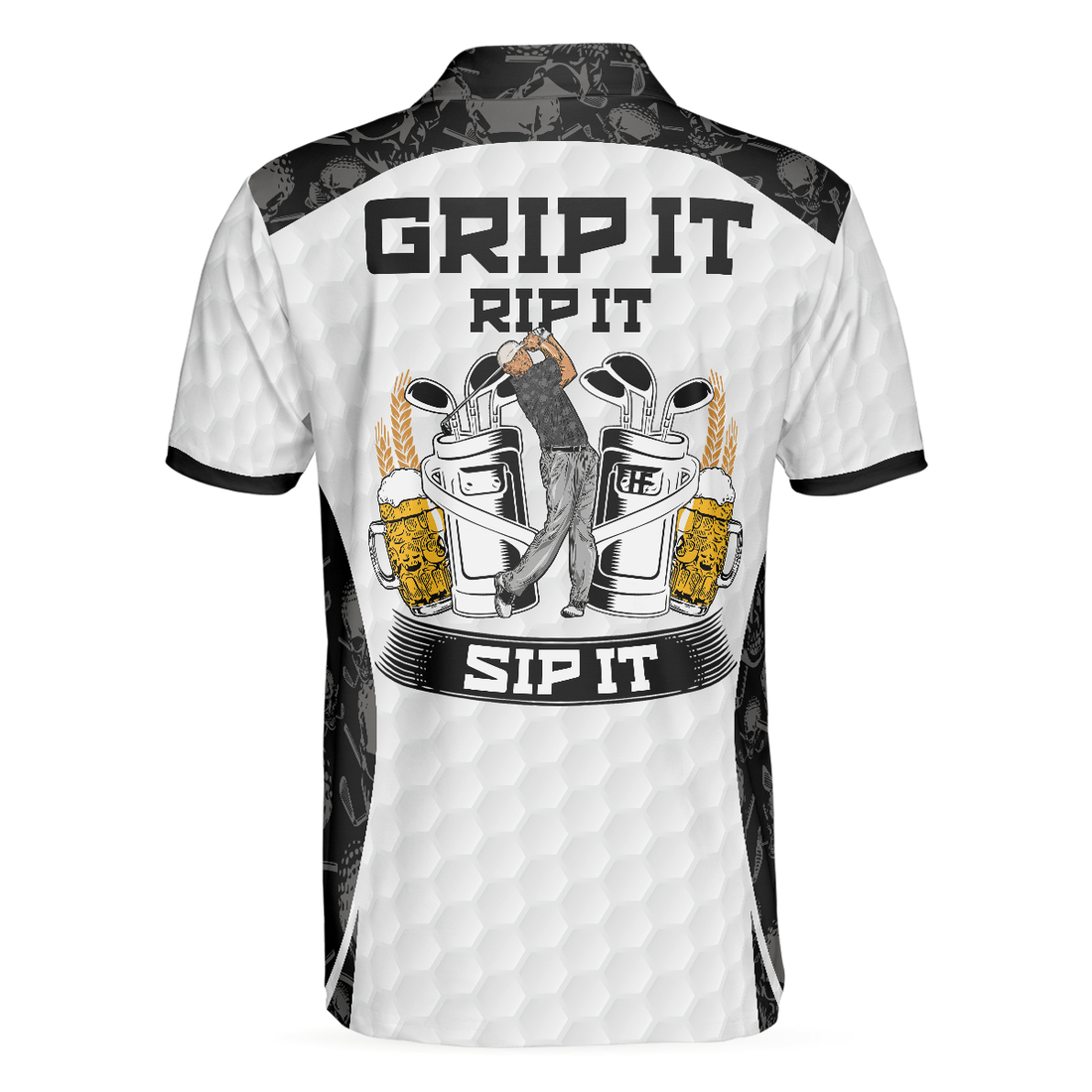 Grip It Rip It Sip It Golf White Polo Shirt Skull Pattern Shirt For Christmas Scary Gift Idea For Golfers - 1