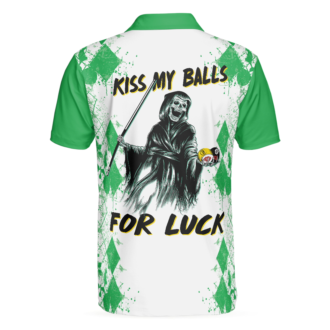 Kiss My Balls Polo Shirt Green Argyle Pattern Billiards Shirt Polo Style Billiards Shirt Gift For Billiard Lovers - 1